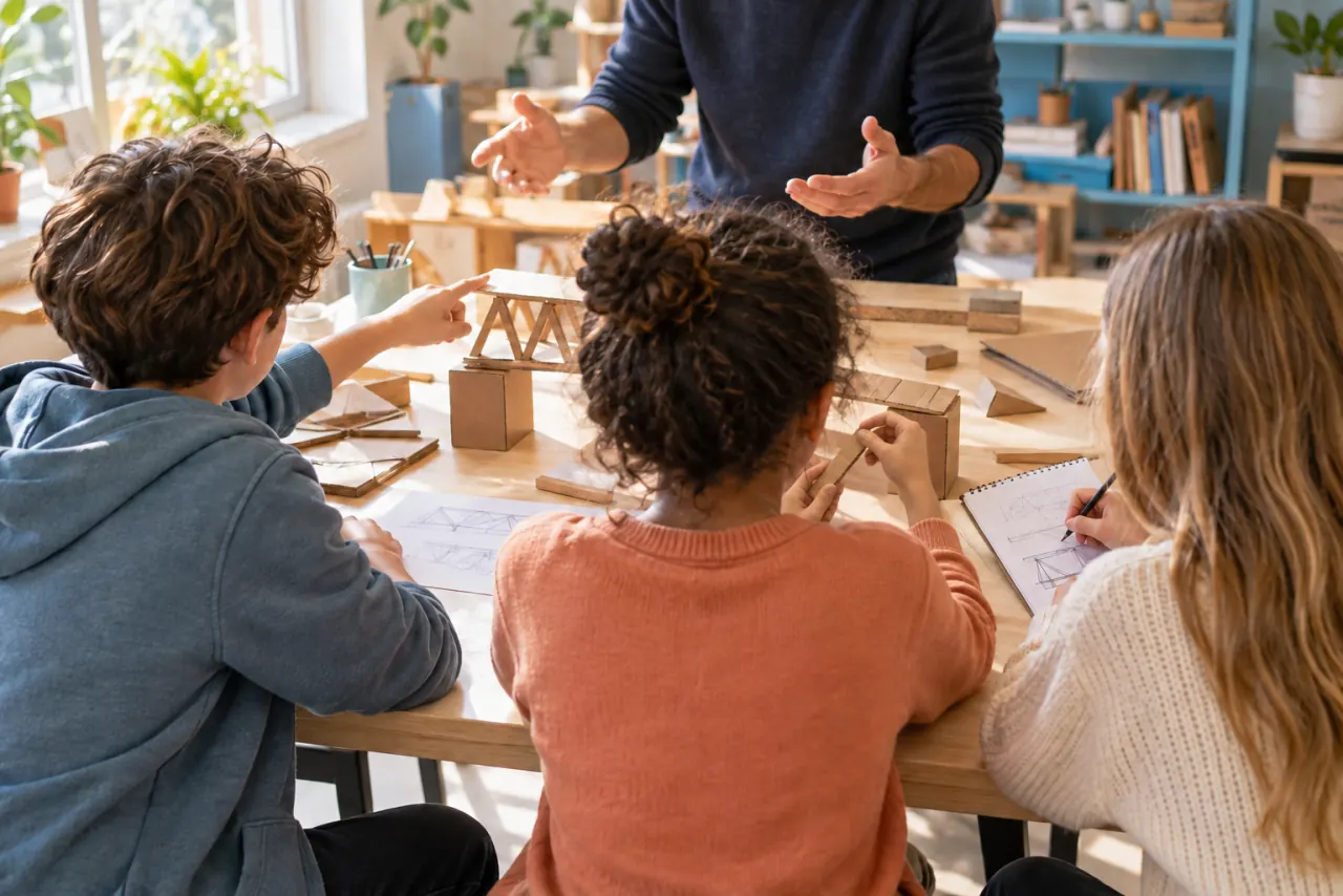 Trois enfants, vus de dos, autour d’une table d’atelier : l’un montre une maquette de pont en carton, une autre en tient une pièce, la troisième dessine dans un carnet. Face à eux, un adulte explique avec les mains.